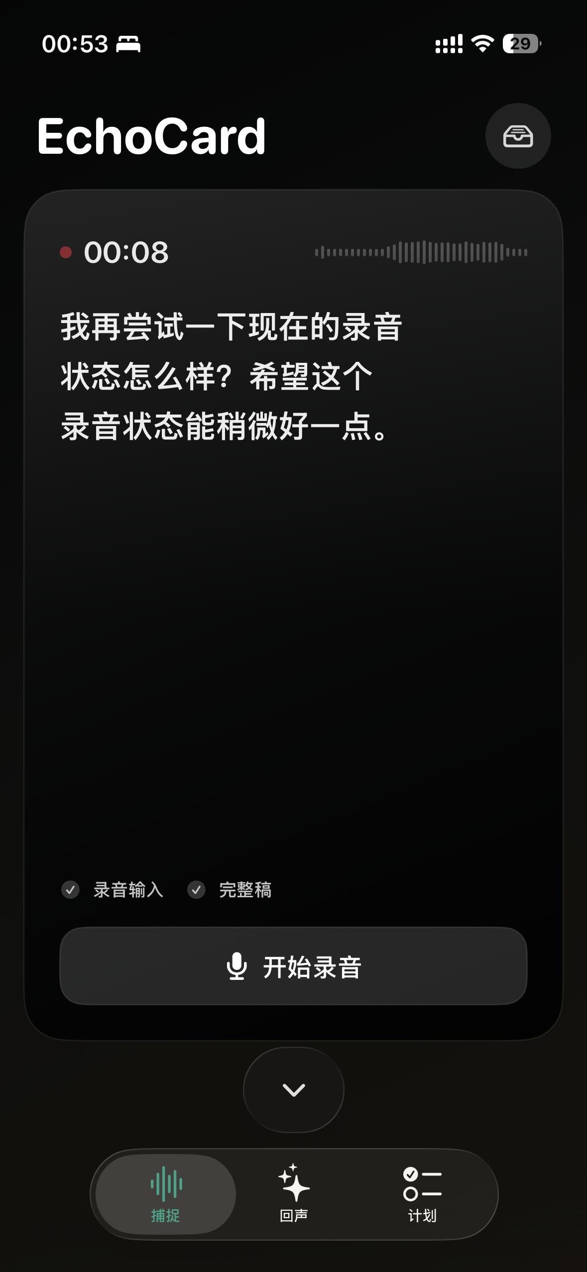 EchoCard Notes capture screen on iPhone